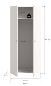 Offener weißer Kleiderschrank mit zwei Türen, Innenansicht von vorne; oben Ablagefach (30 cm) mit max. 5 kg, darunter Kleiderstange, Innenhöhe 139 cm, Innenbreite 75 cm, Innentiefe 48 cm, Gesamtmaße ca. 176 x 80 x 51 cm.