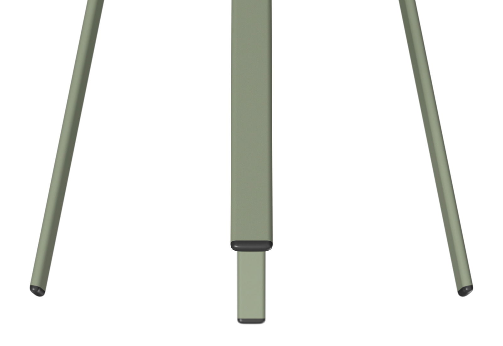 Nahaufnahme der Beine eines Beistelltisches aus Metall in olivgrüner Farbe, von oben betrachtet.
