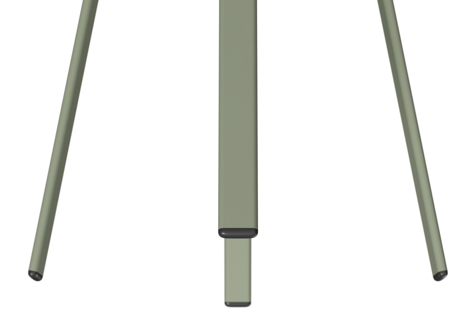 Nahaufnahme der Beine eines Beistelltisches aus Metall in olivgrüner Farbe, von oben betrachtet.