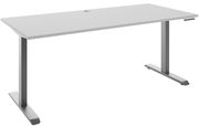 Moderner E-Schreibtisch in seitlicher Perspektive mit grauer Tischplatte und höhenverstellbarem Gestell.