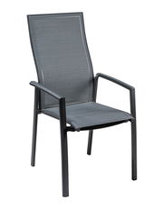 Moderner Stapelsessel KARI aus Metall mit ergonomischer Rückenlehne, seitliche Perspektive