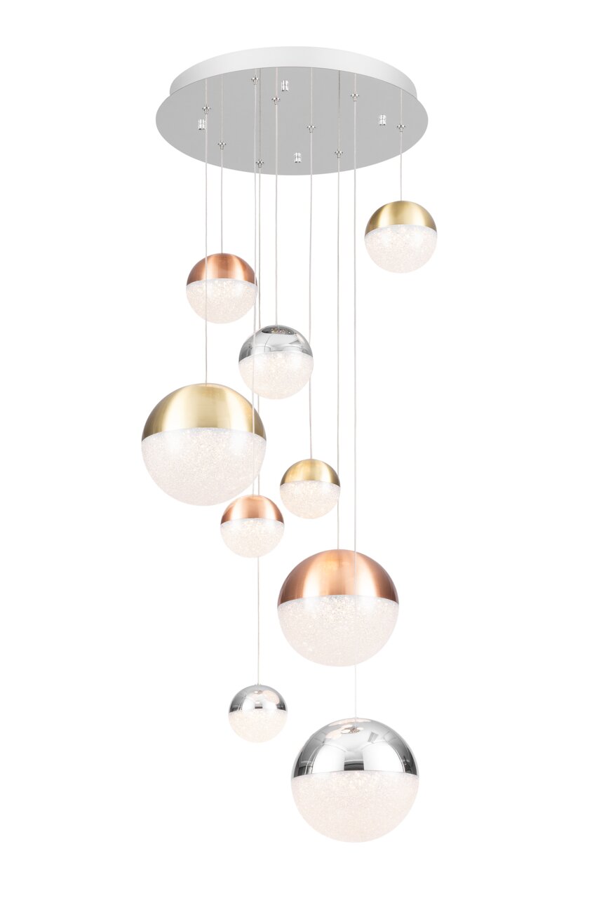 Dieter Knoll LED-Hängeleuchte STAFFORD Moderne LED-Hängeleuchte mit mehreren kugelförmigen Elementen in verschiedenen Metalltönen, von unten betrachtet.