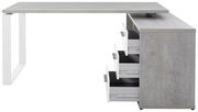 Moderner Eckschreibtisch in Betonoptik mit weißen Metallbeinen und mehreren offenen Schubladen, seitliche Perspektive.
