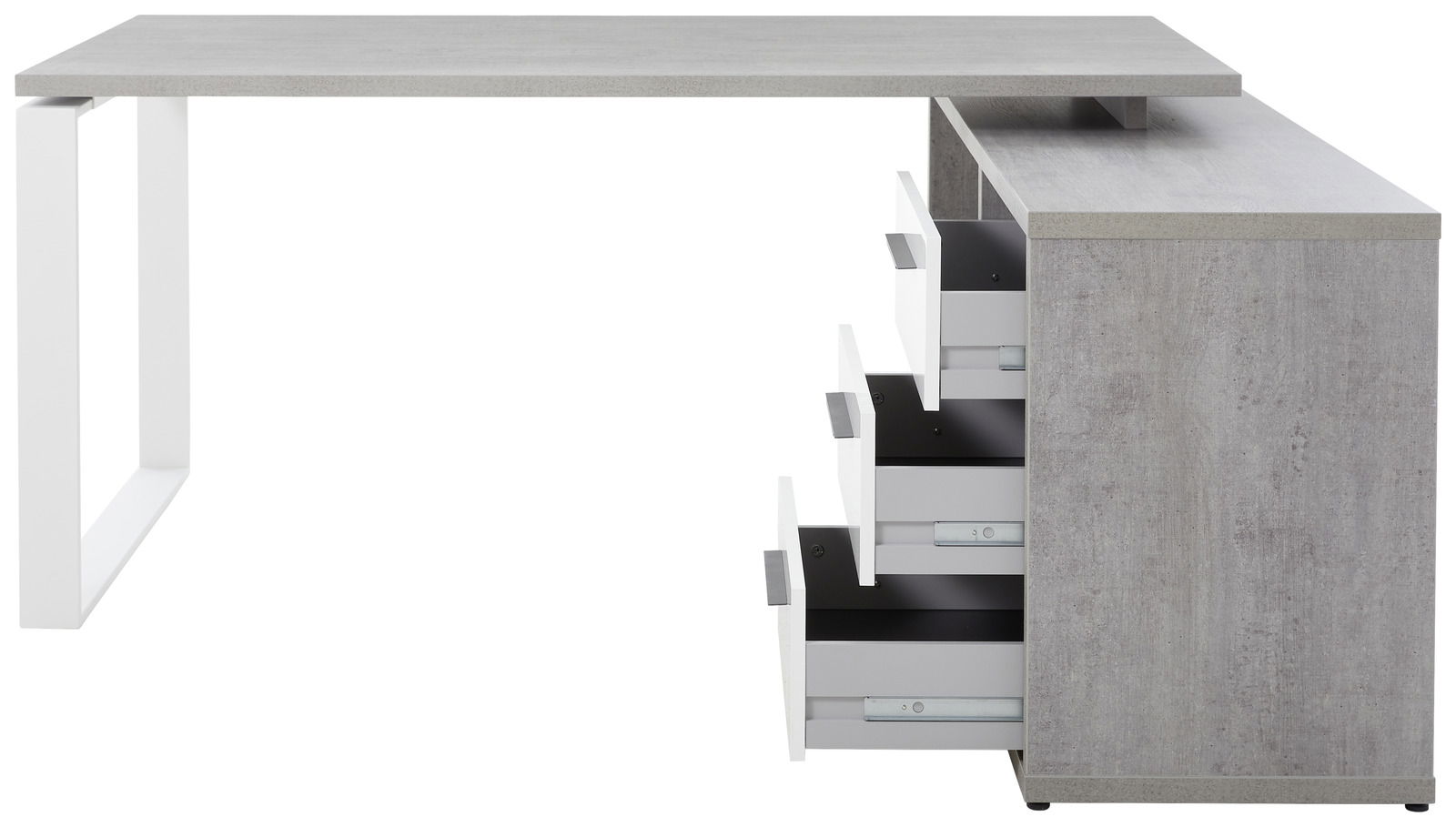 Moderner Eckschreibtisch in Betonoptik mit weißen Metallbeinen und mehreren offenen Schubladen, seitliche Perspektive.