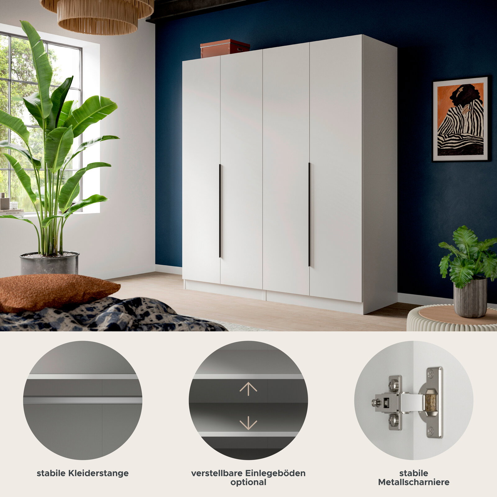Weißer 4-türiger Kleiderschrank mit langen schwarzen Griffen vor dunkelblauer Wand im Schlafzimmer, Frontansicht leicht schräg von links; unten Detail-Icons für stabile Kleiderstange, optional verstellbare Einlegeböden und stabile Metallscharniere.