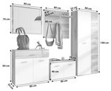 Garderoben-Set 5-tlg. in moderner Holzoptik, bestehend aus einem großen Spiegel, einer Garderobenleiste mit Haken, einem hohen Schrank, einem Sideboard und einem Schuhschrank. Perspektive: Frontalansicht.