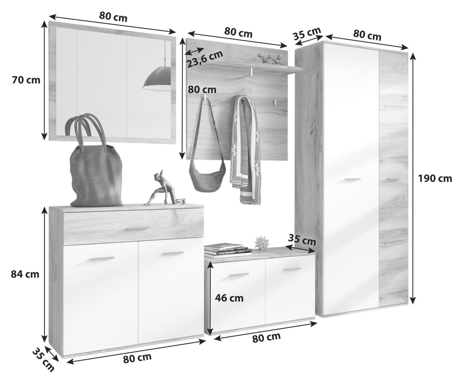 Garderoben-Set 5-tlg. in moderner Holzoptik, bestehend aus einem großen Spiegel, einer Garderobenleiste mit Haken, einem hohen Schrank, einem Sideboard und einem Schuhschrank. Perspektive: Frontalansicht.