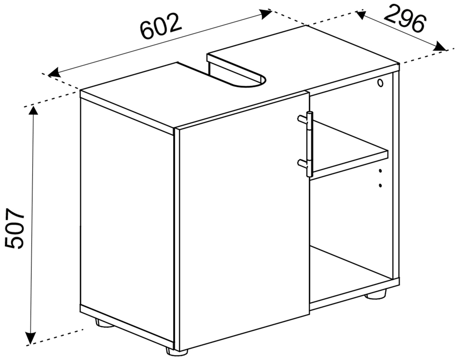 Technische Zeichnung eines kompakten Unterschranks mit Tür und Innenboden, Maße ca. 602 × 296 × 507 mm, in schräger Perspektive von vorn rechts dargestellt.