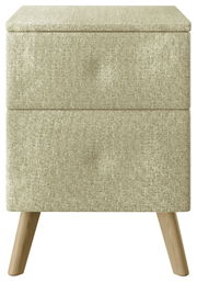 Frontale Ansicht einer modernen Nachtkonsole mit zwei Schubladen, bezogen mit einem hellen Stoff und ausgestatteten Holzbeinen.