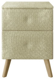 Frontale Ansicht einer modernen Nachtkonsole mit zwei Schubladen, bezogen mit einem hellen Stoff und ausgestatteten Holzbeinen.