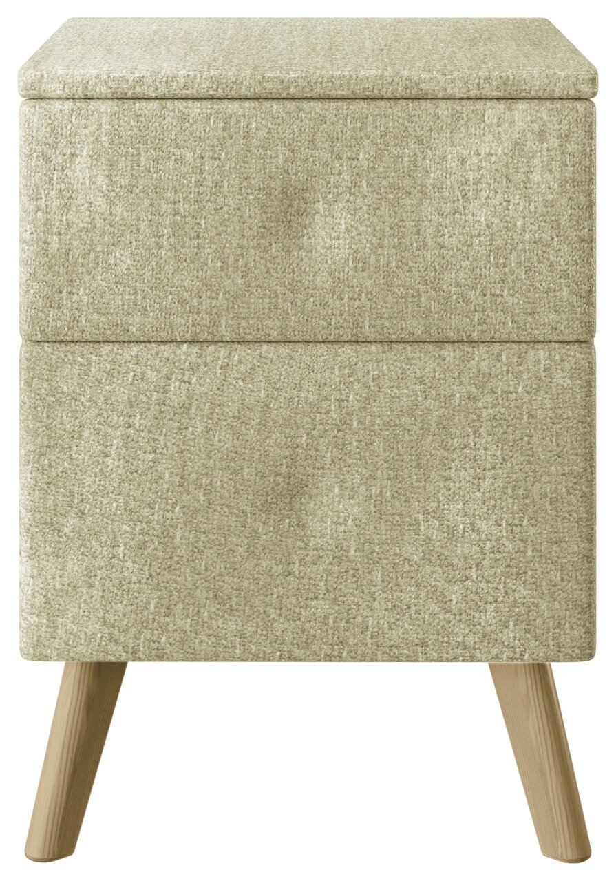 Frontale Ansicht einer modernen Nachtkonsole mit zwei Schubladen, bezogen mit einem hellen Stoff und ausgestatteten Holzbeinen.