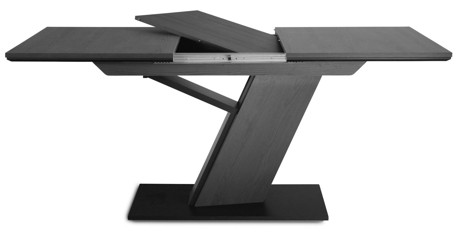 Moderner, ausziehbarer Tisch mit schrägem Standfuß, seitliche Perspektive