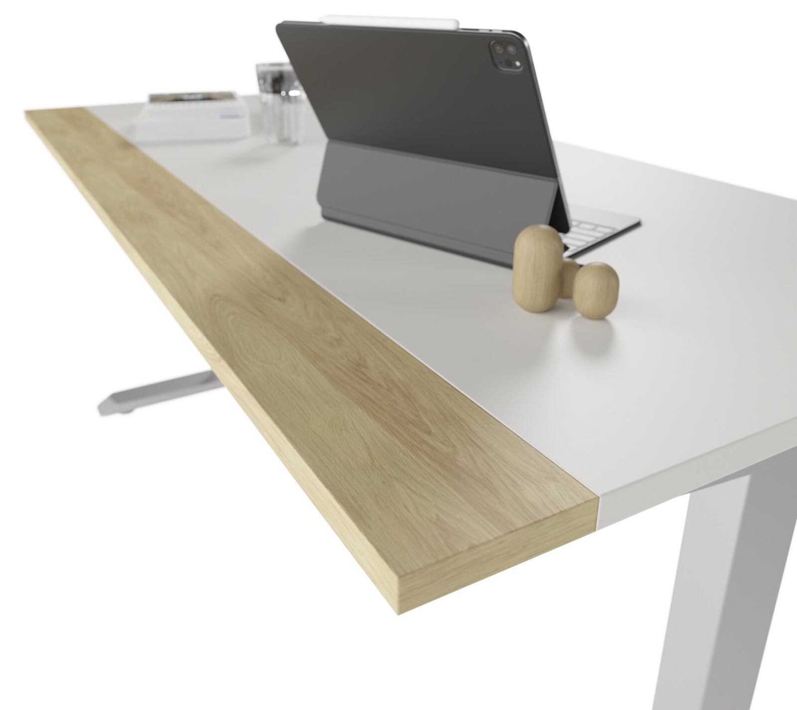 Modern elektrisch bureau met houten en witte afwerking, zijaanzicht