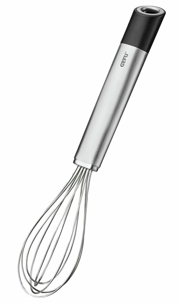 Schneebesen PRIMELINE, 22 cm, aus Edelstahl mit schwarzem Griff, seitliche Perspektive
