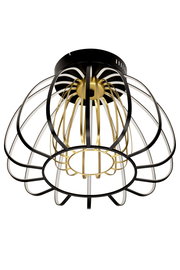 Moderne LED-Deckenleuchte mit schwarzem und goldenem Metallkäfig, von unten betrachtet.