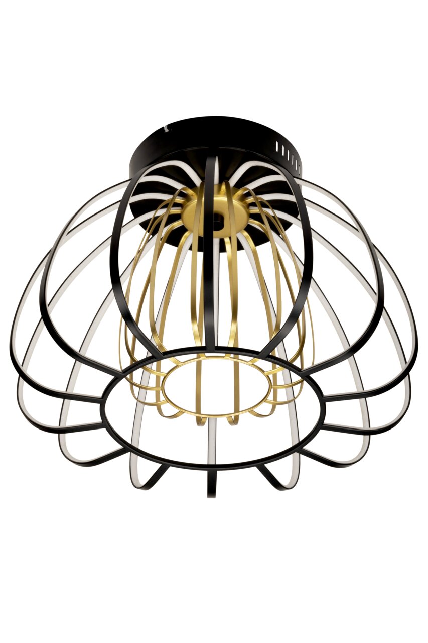 Moderne LED-Deckenleuchte mit schwarzem und goldenem Metallkäfig, von unten betrachtet.