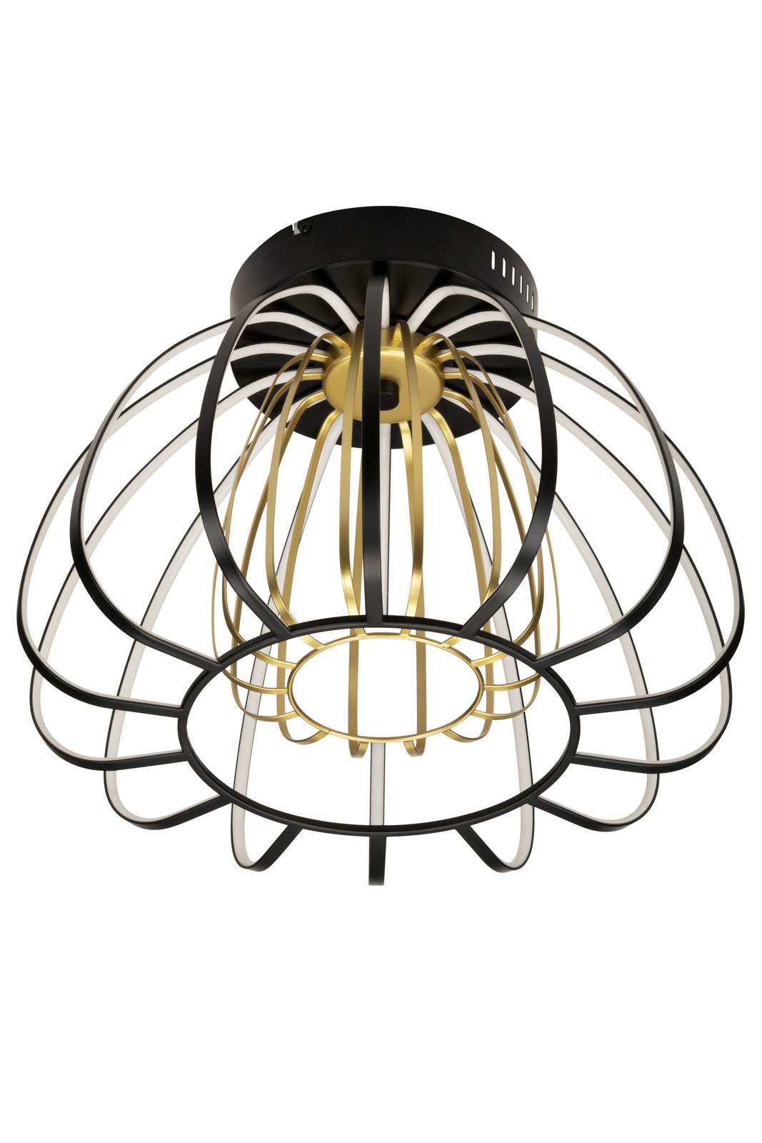 Moderne LED-Deckenleuchte mit schwarzem und goldenem Metallkäfig, von unten betrachtet.