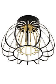 Moderne LED-Deckenleuchte mit schwarzem und goldenem Metallkäfig, von unten betrachtet.