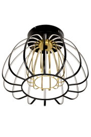 Moderne LED-Deckenleuchte mit schwarzem und goldenem Metallkäfig, von unten betrachtet.