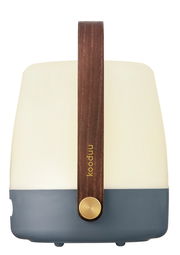 Frontansicht einer tragbaren Lampe mit Holzgriff und modernem Design, Modell Lite-up Ocean 2.0