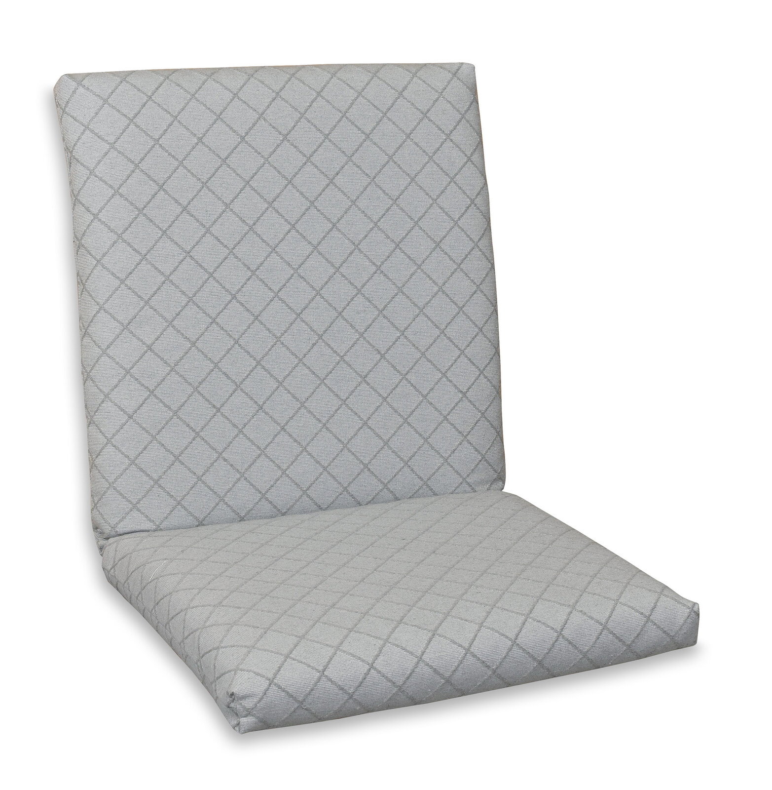 Graue Niederlehnerauflage mit Rautenmuster, seitliche Perspektive