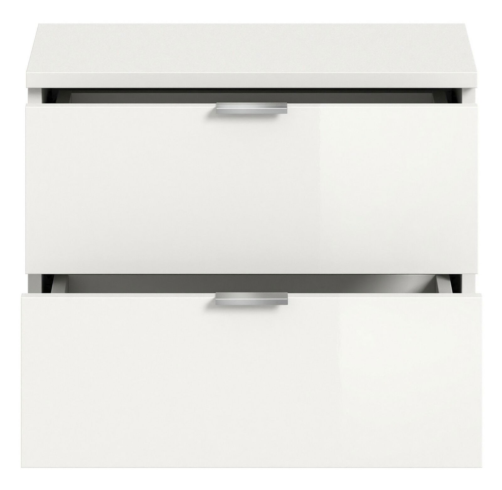 Weiße Kommode mit zwei Schubladen, Frontansicht