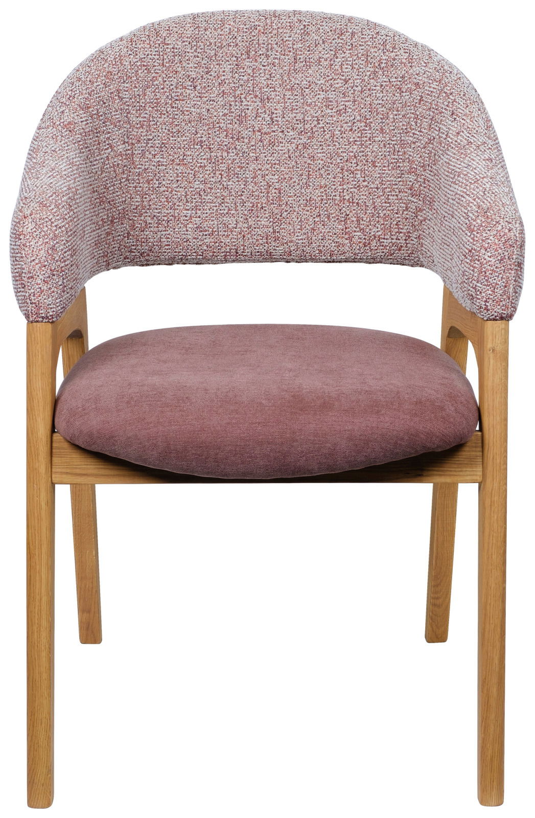 Vorderansicht eines Armlehnstuhls mit rosa Polsterung und Holzbeinen