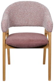 Vorderansicht eines Armlehnstuhls mit rosa Polsterung und Holzbeinen