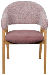 Vorderansicht eines Armlehnstuhls mit rosa Polsterung und Holzbeinen