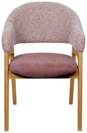 Vorderansicht eines Armlehnstuhls mit rosa Polsterung und Holzbeinen