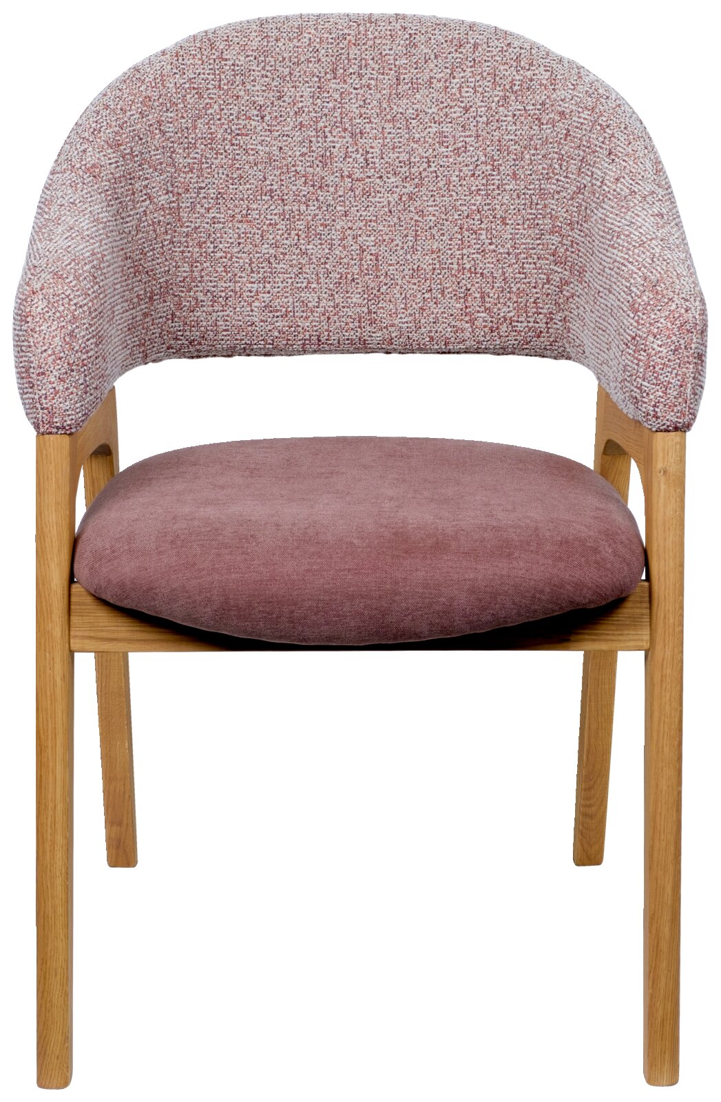 Vorderansicht eines Armlehnstuhls mit rosa Polsterung und Holzbeinen