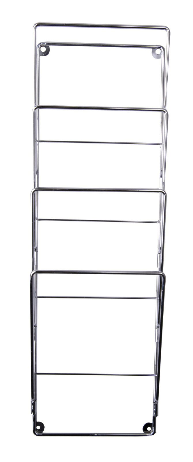 Metallisches Zeitungsregal mit mehreren Fächern, frontal abgebildet.