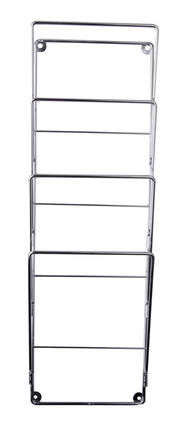 Metallisches Zeitungsregal mit mehreren Fächern, frontal abgebildet.