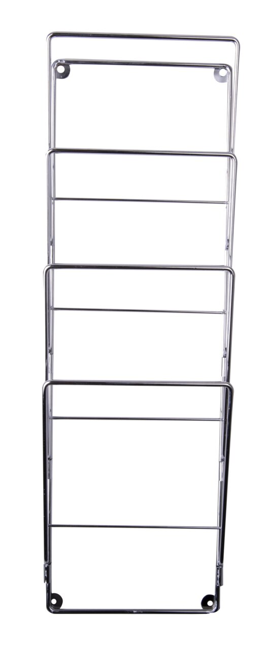 Metallisches Zeitungsregal mit mehreren Fächern, frontal abgebildet.