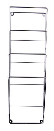 Metallisches Zeitungsregal mit mehreren Fächern, frontal abgebildet.