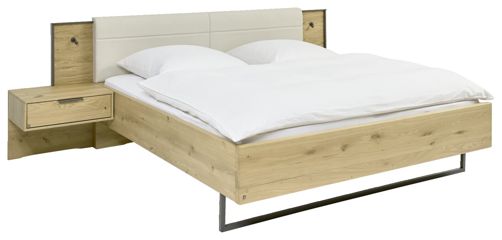 Holzbett mit integriertem Nachttisch und gepolstertem Kopfteil, seitliche Perspektive