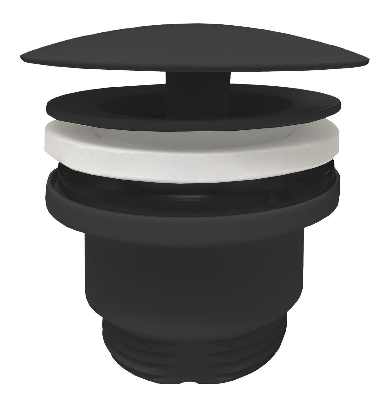 Schwarzer Permanentablauf mit weißem Dichtungsring, seitliche Perspektive