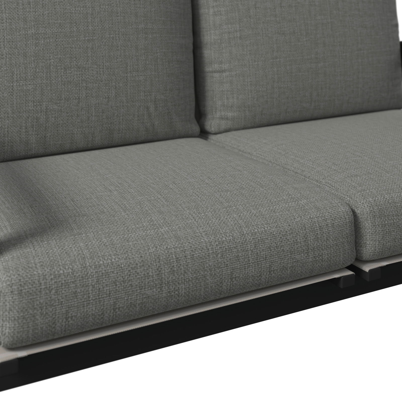 Nahaufnahme einer grauen Gartenbank mit gepolsterten Sitz- und Rückenkissen, seitliche Perspektive.