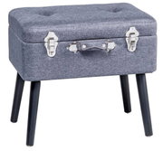 Grauer Kofferhocker mit vier schwarzen Beinen und silbernen Verschlüssen, seitliche Perspektive