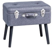 Grauer Kofferhocker mit vier schwarzen Beinen und silbernen Verschlüssen, seitliche Perspektive