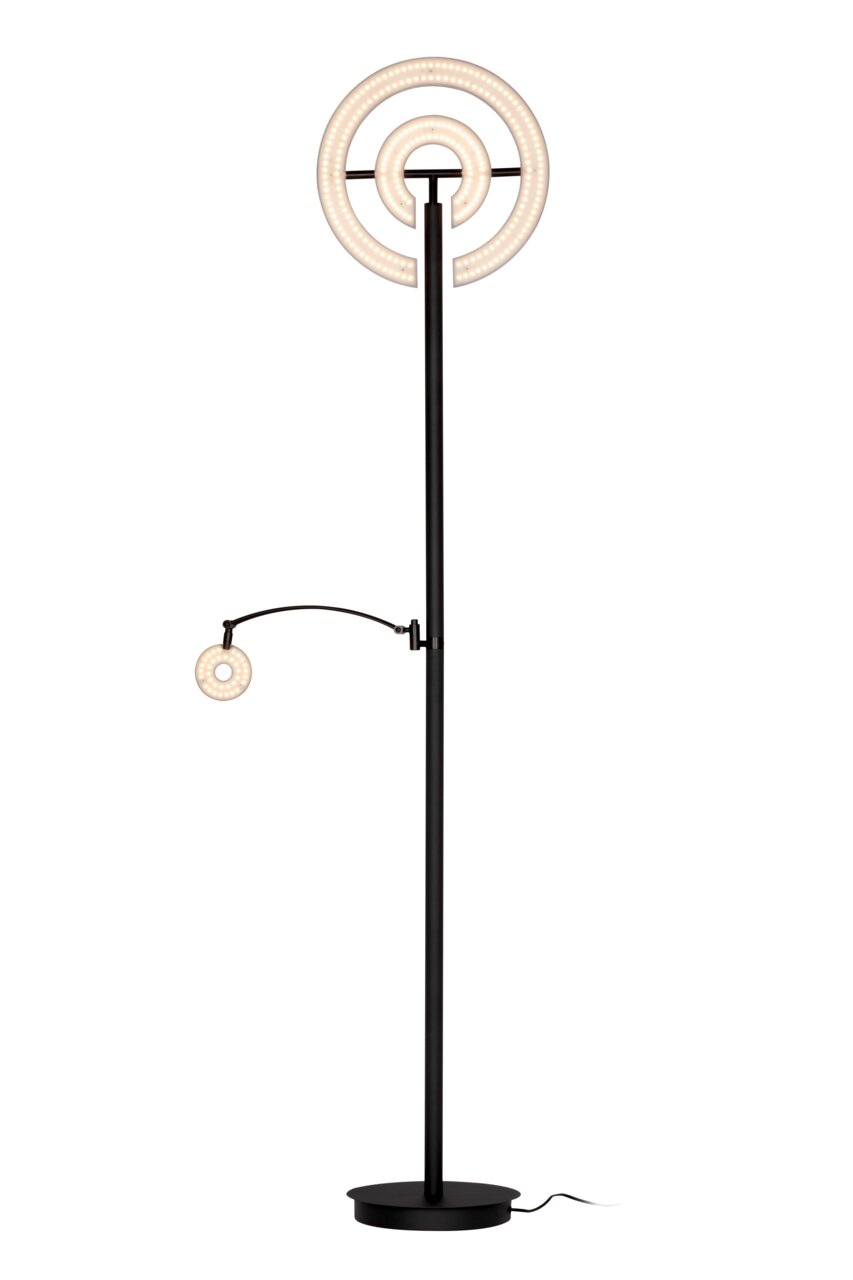 LED-Deckenfluter mit modernem Design, bestehend aus einem hohen, schlanken Ständer und zwei leuchtenden Ringen, frontal abgebildet.
