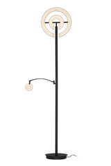 LED-Deckenfluter mit modernem Design, bestehend aus einem hohen, schlanken Ständer und zwei leuchtenden Ringen, frontal abgebildet.