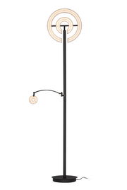 LED-Deckenfluter mit modernem Design, bestehend aus einem hohen, schlanken Ständer und zwei leuchtenden Ringen, frontal abgebildet.