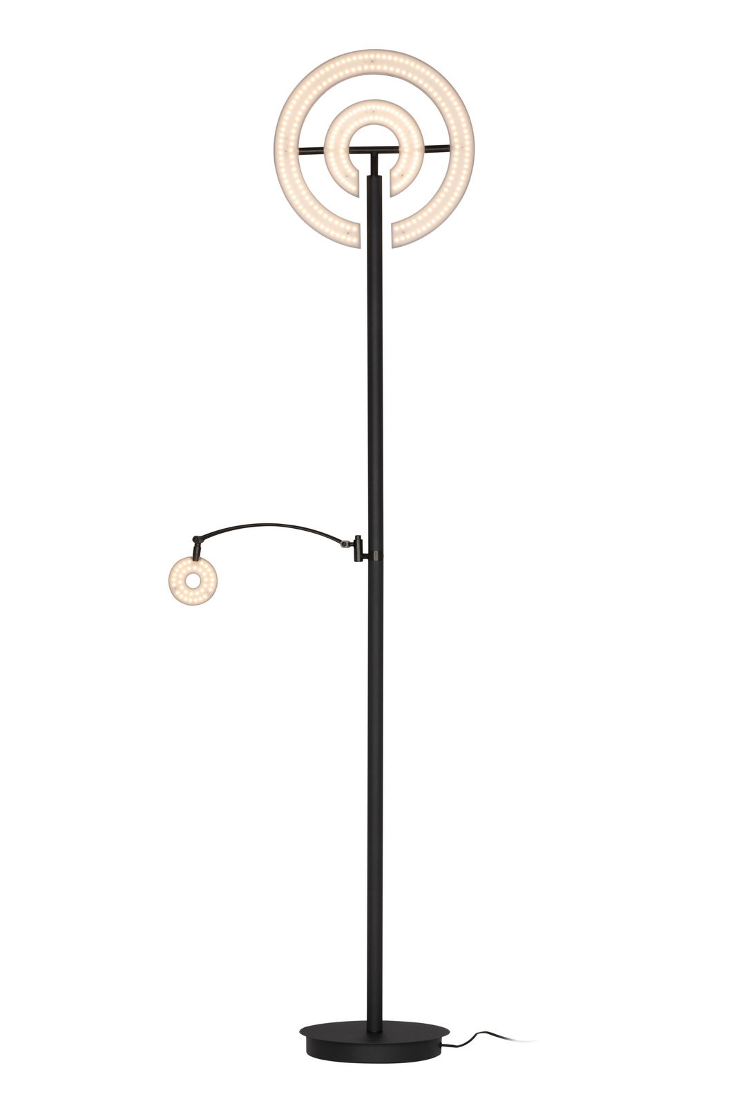 LED-Deckenfluter mit modernem Design, bestehend aus einem hohen, schlanken Ständer und zwei leuchtenden Ringen, frontal abgebildet.