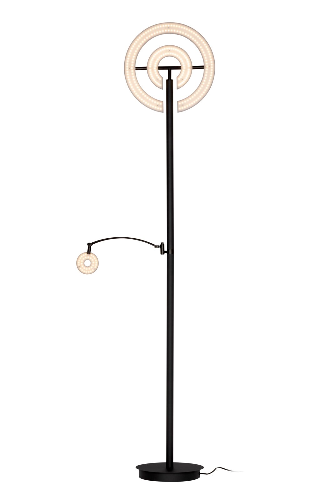 LED-plafondspot met een modern ontwerp, bestaande uit een hoge, slanke voet en twee verlichte ringen, frontaal afgebeeld.