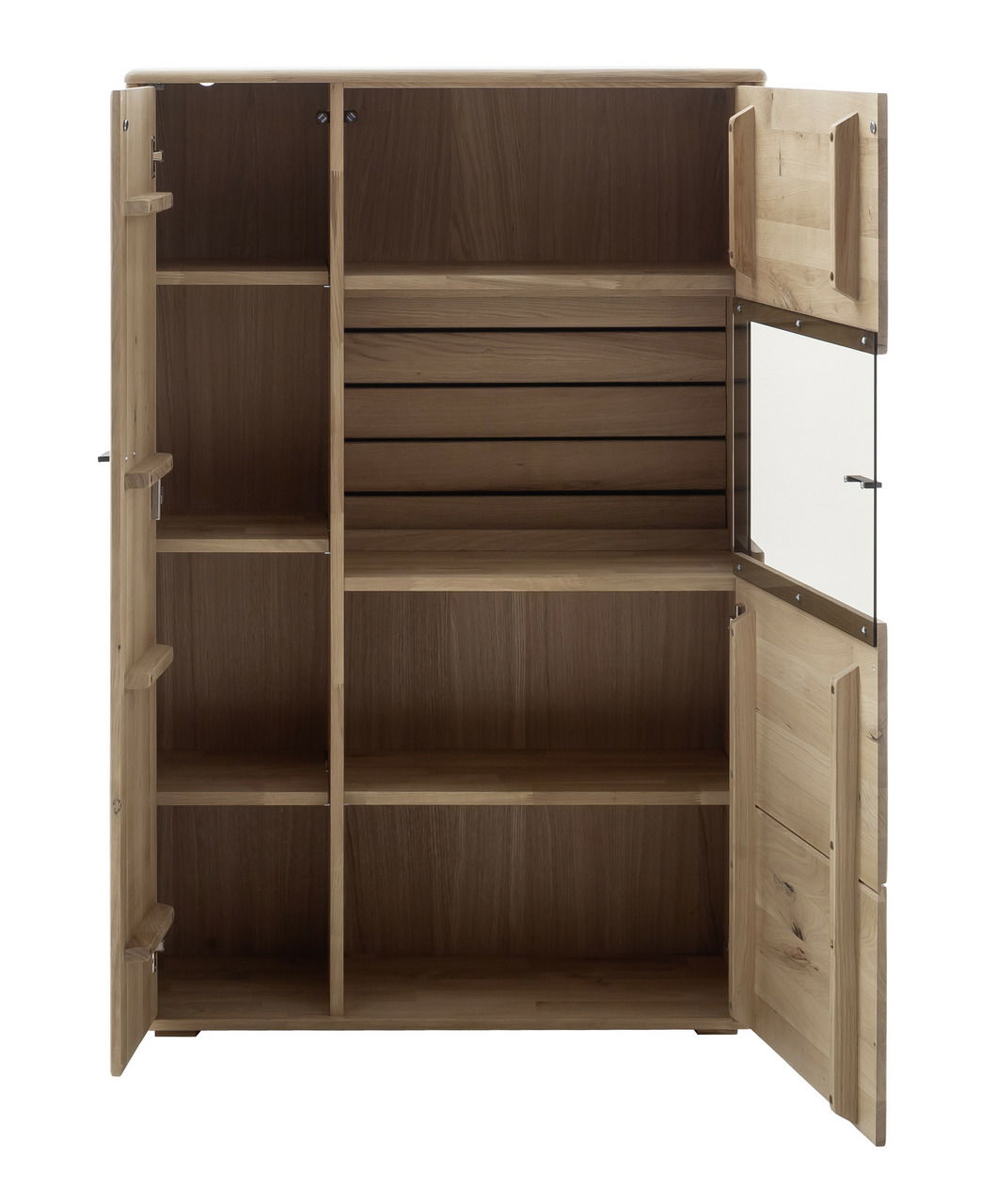 Offenes Highboard aus Holz mit mehreren Regalfächern und zwei geöffneten Türen, Frontalansicht.