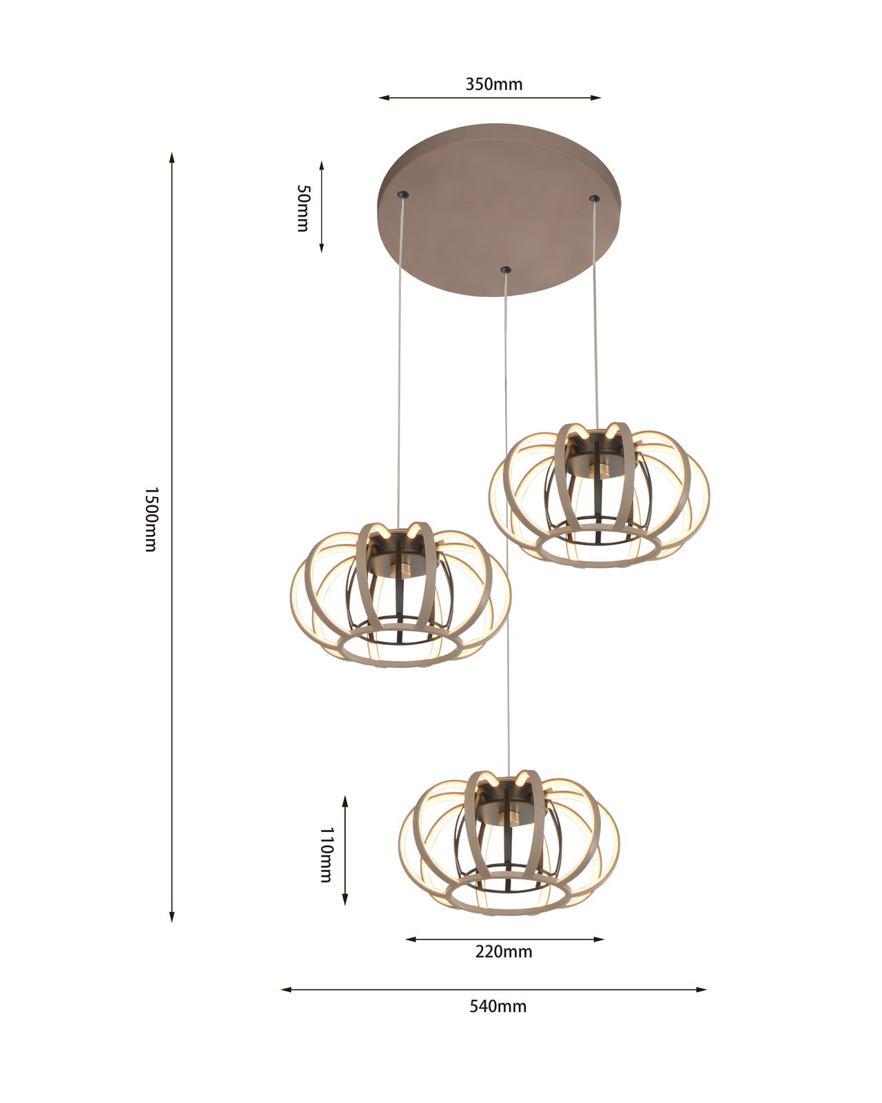 Moderne dreiflammige Pendelleuchte mit runden, offenen Schirmen aus Metall, Ansicht von der Seite.