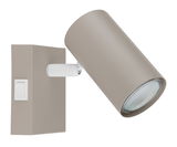 Moderner Strahler in seitlicher Perspektive mit schwenkbarem zylindrischem Lampenkopf und integriertem Schalter.