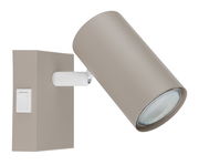 Moderner Strahler in seitlicher Perspektive mit schwenkbarem zylindrischem Lampenkopf und integriertem Schalter.