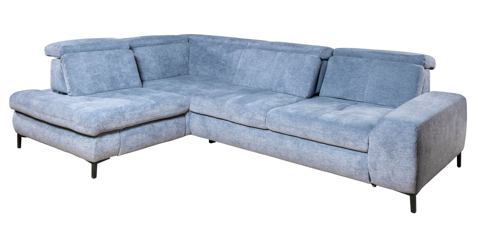 Graues Ecksofa mit verstellbaren Kopfstützen, linke Perspektive